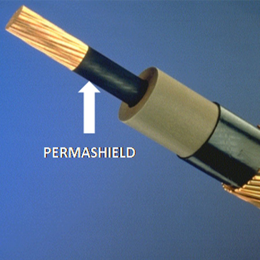 Underground cable stripped back showing layers and permashield