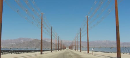 Rows of power lines in the desert